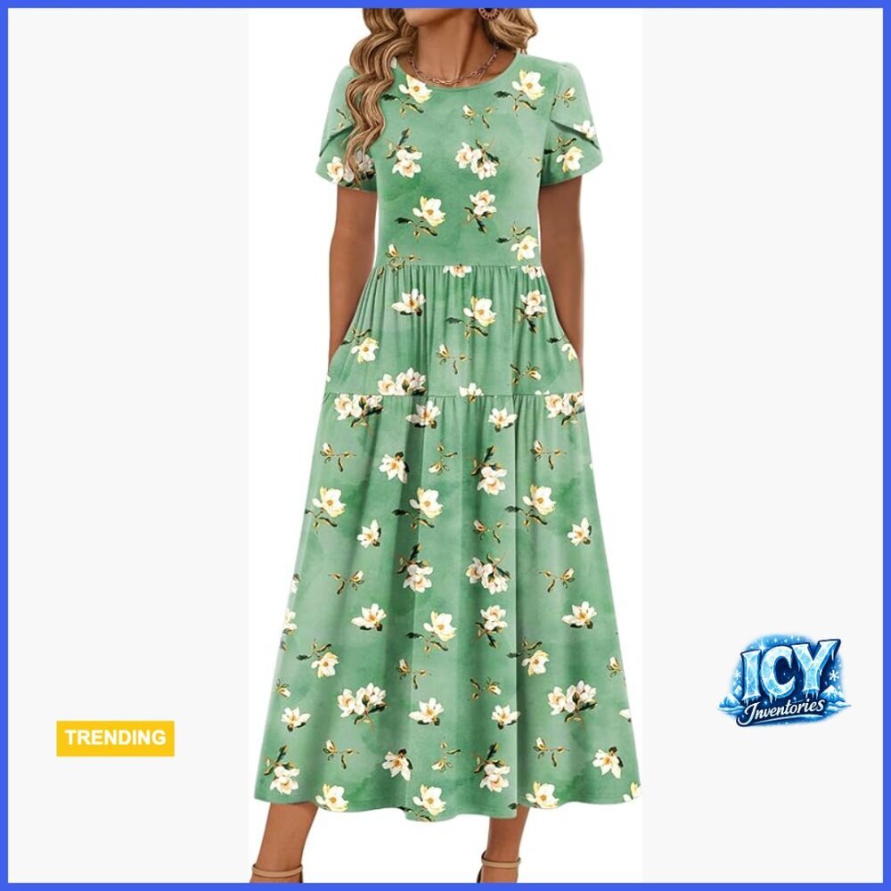 Polyester Spandex Maxi Dress Casual Flowy Bohemian Floral Short Sleeve